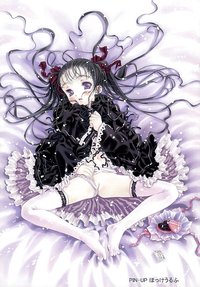thighhighs hentai black hair blue eyes chocolate focke wulf gothic lolita heart highres loli long panties panty pull pin ribbon ribbons thighhighs twintails valentine bed